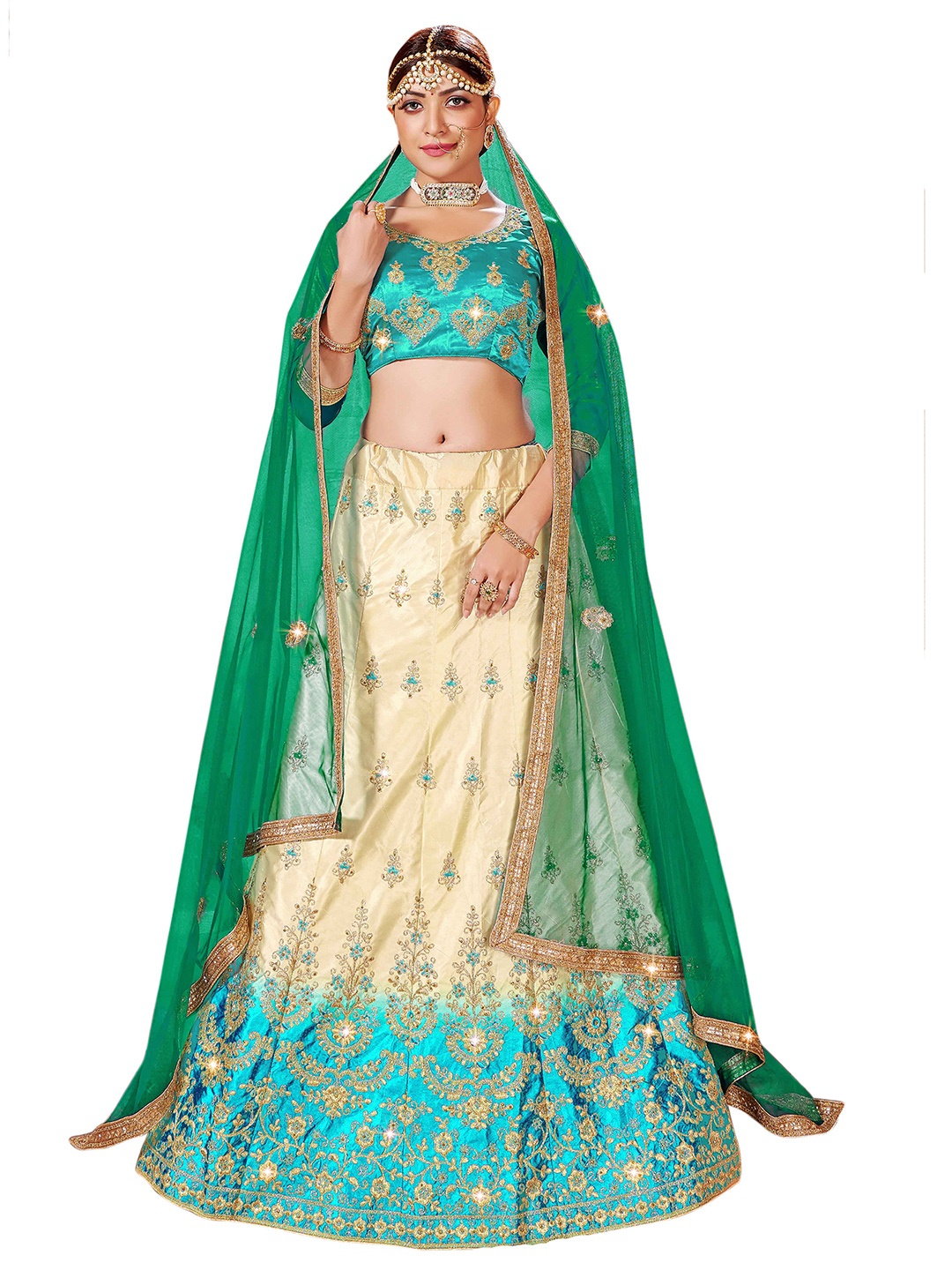 

MANVAA Embroidered Semi-Stitched Lehenga & Unstitched Blouse With Dupatta, Beige