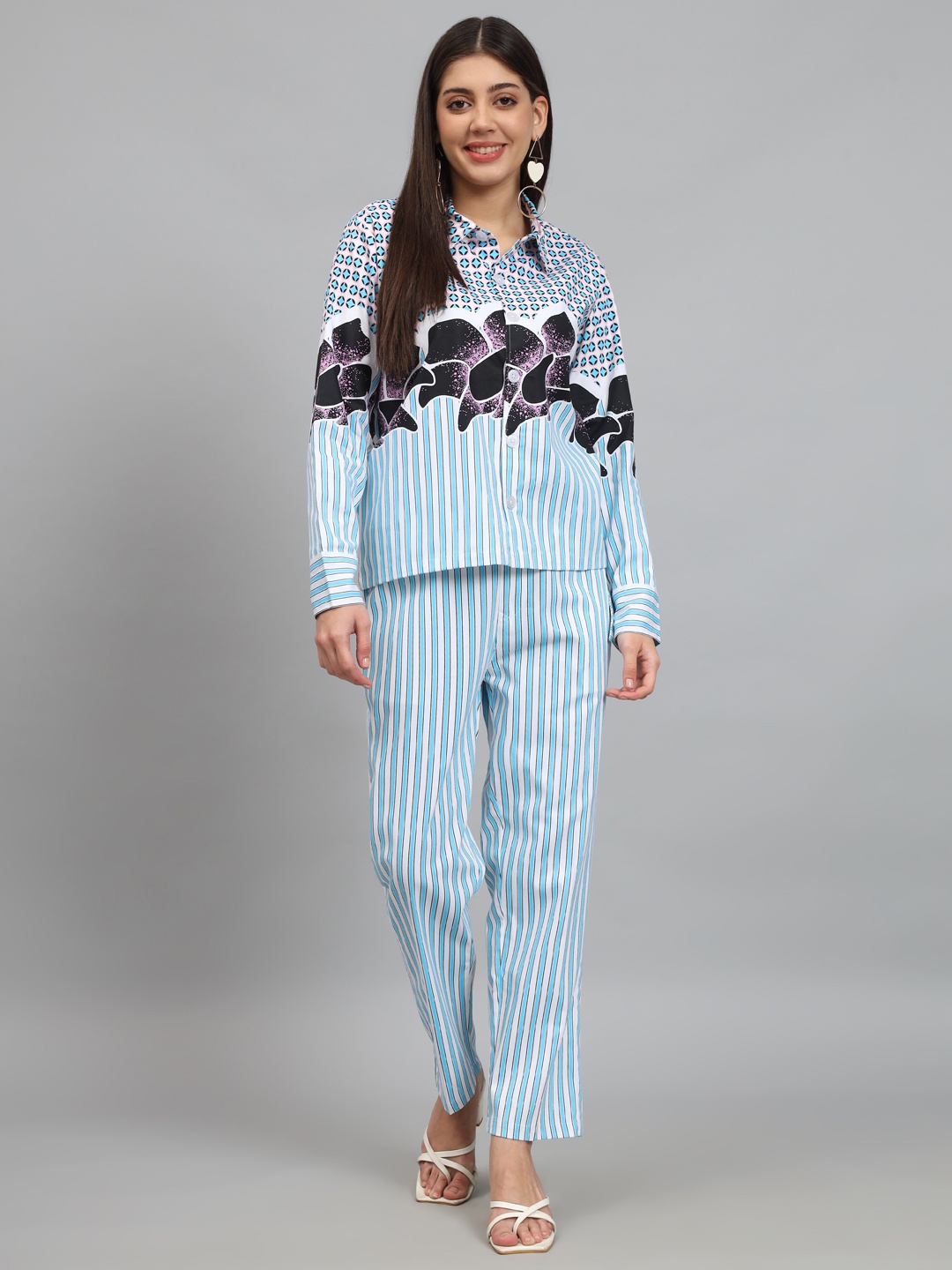 

NEWD Geometric Printed Long Sleeves Shirt With Trouser Co-Ords, White