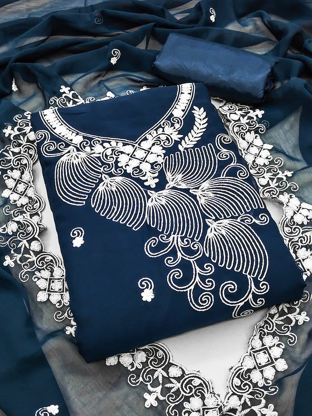

ZEEPKART Ethnic Motifs Embroidered Unstitched Dress Material, Blue