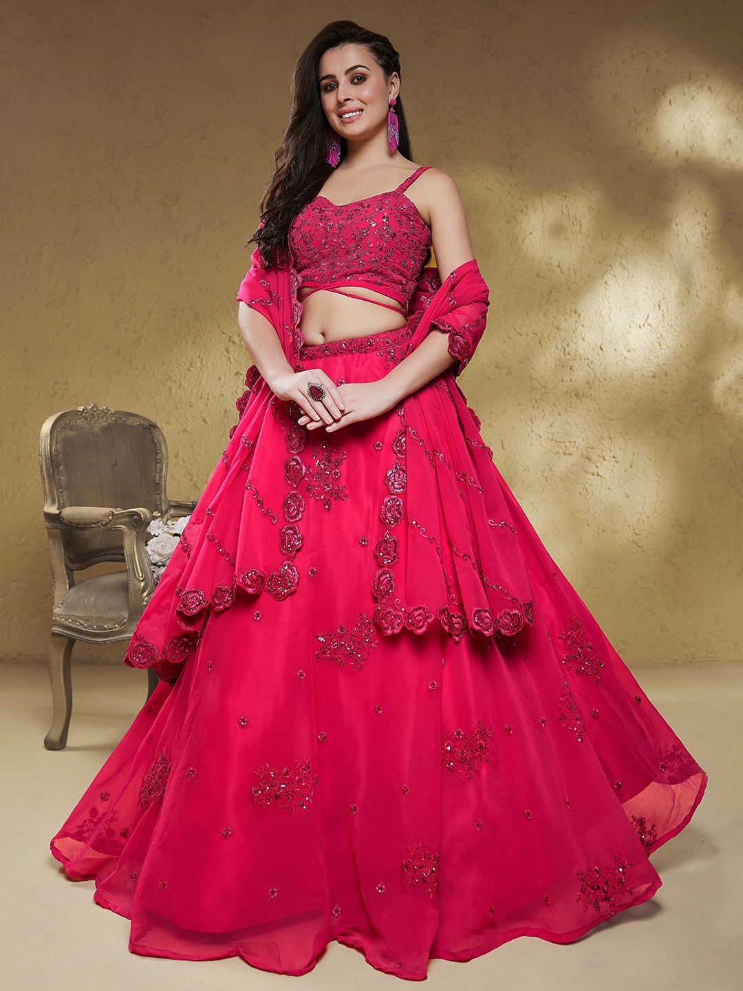 

FABPIXEL Embroidered Sequinned Semi-Stitched Lehenga & Unstitched Blouse With Dupatta, Red