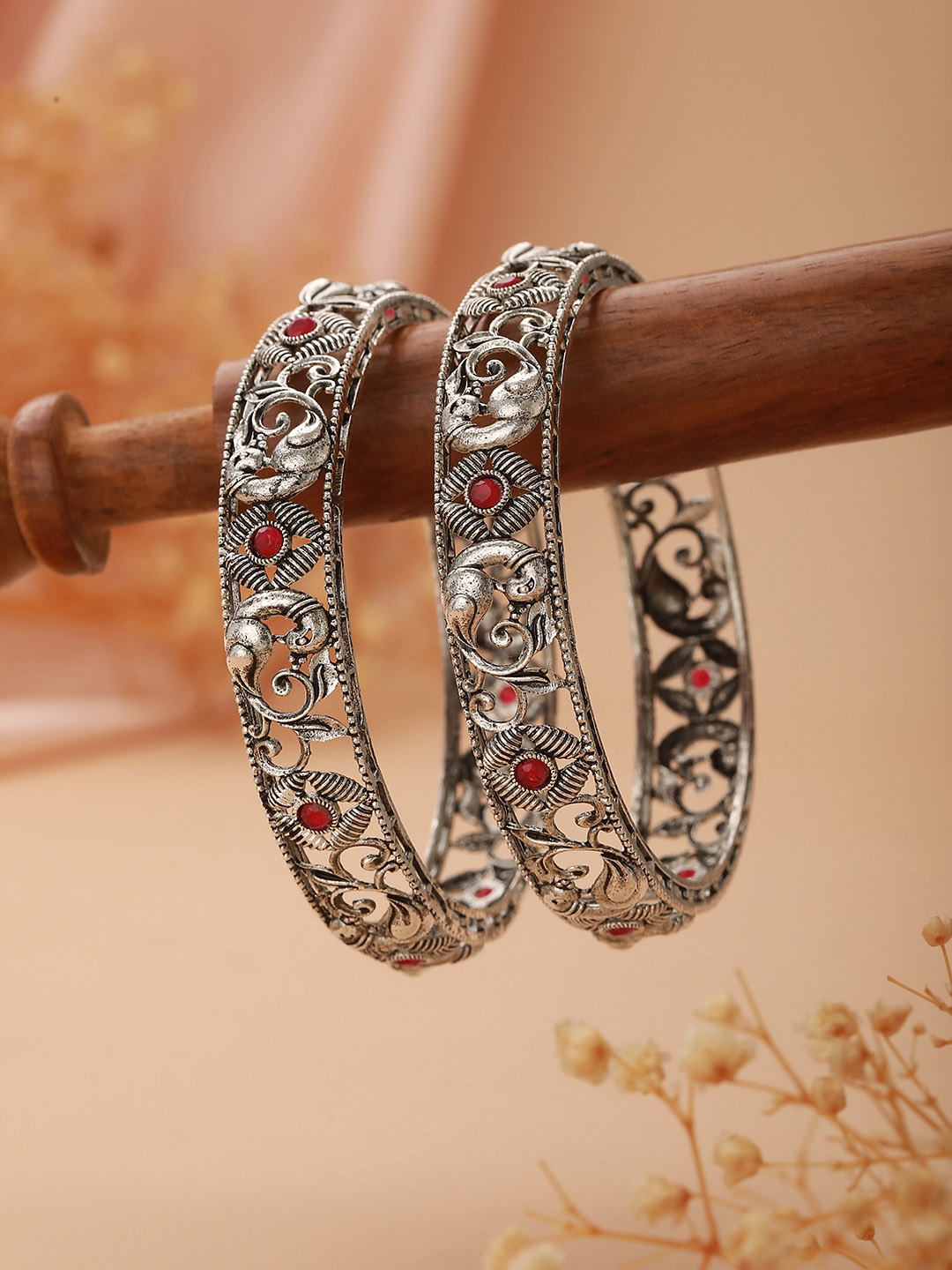 

Jazz and Sizzle Set Of 2 Stones-Studded Bangles, Silver