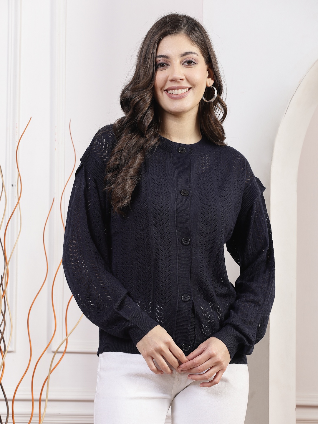 

Nayam By Lakshita Round Neck Cardigan Ribbed Sweaters, Navy blue