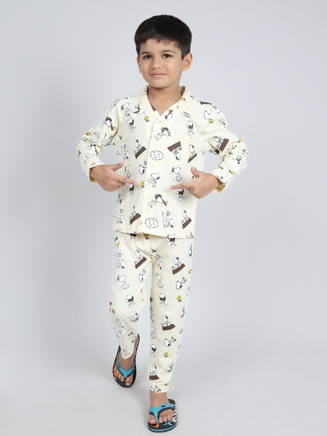 

DENIKID Boys Snoopy Printed Pure Cotton Shirt & Pyjamas, Yellow