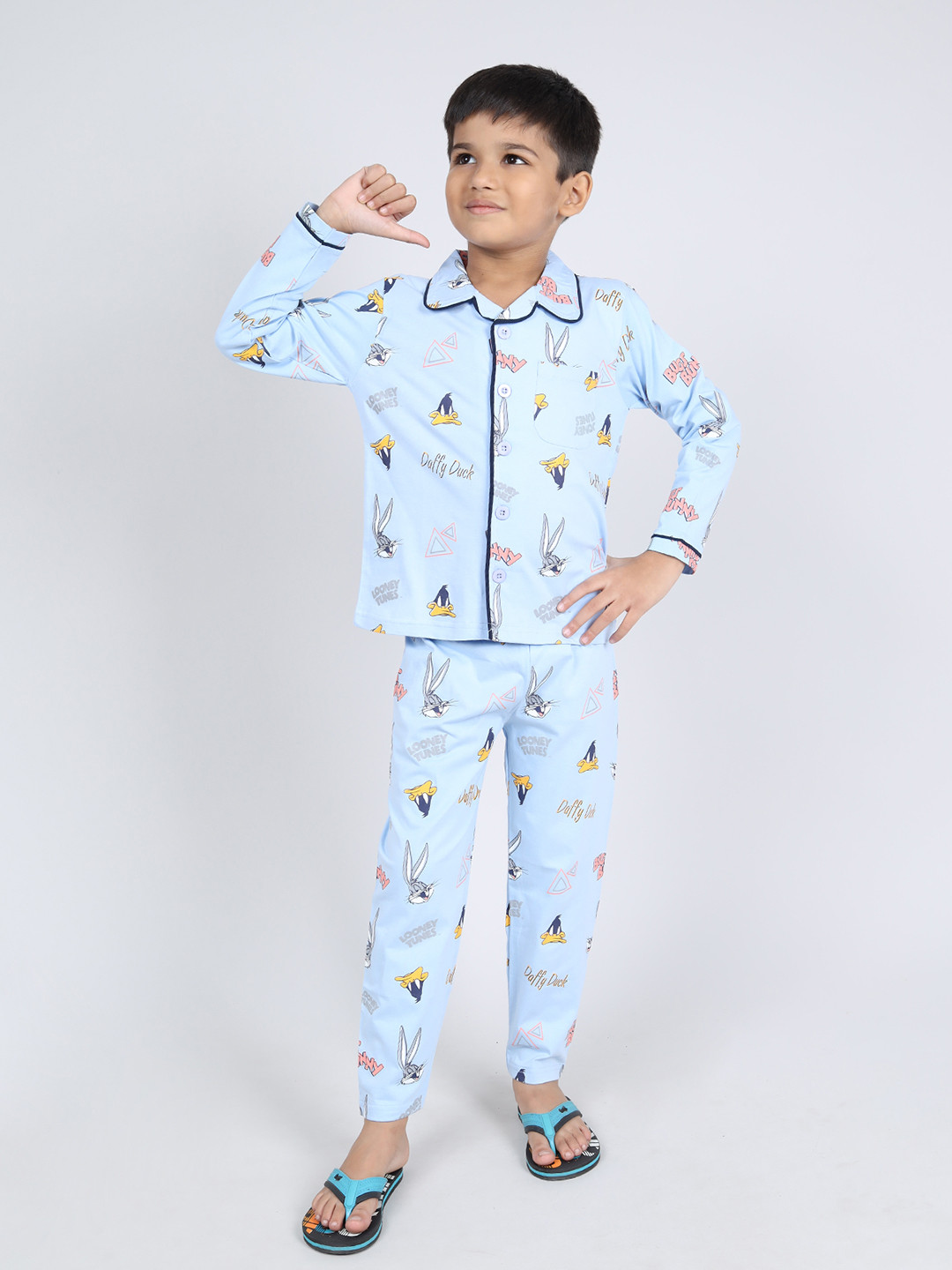 

DENIKID Printed Pure Cotton Night Suit, Blue