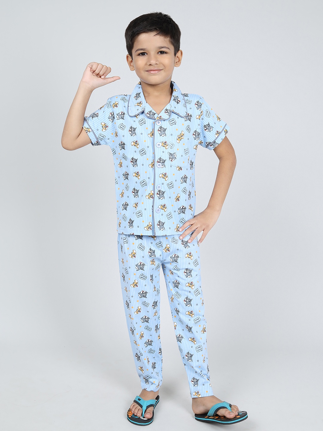 

DENIKID Kids Tom & Jerry Printed Lapel Collar Pure Cotton Night suit, Blue