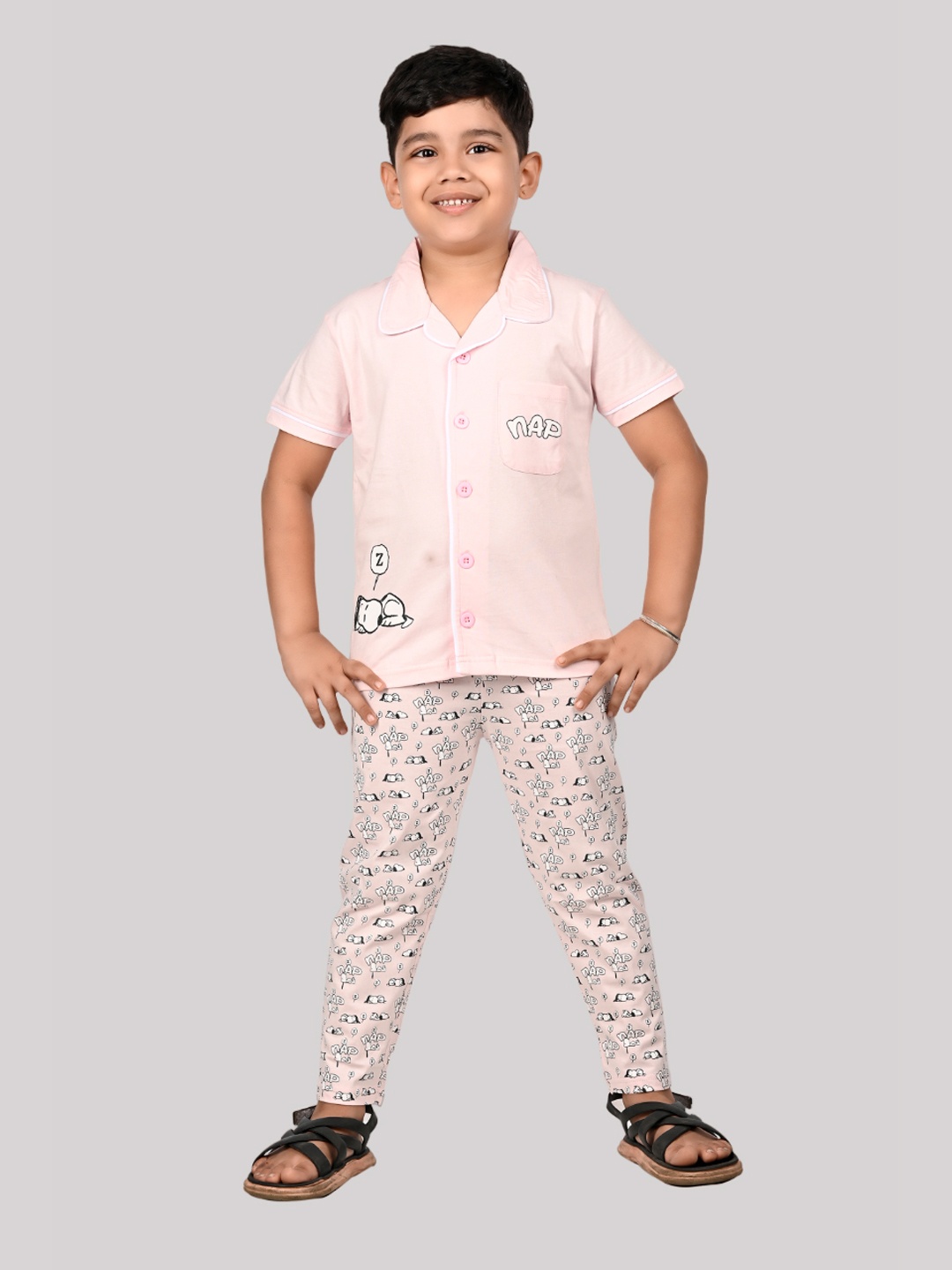 

DENIKID Kids Snoopy Printed Pure Cotton Night suit, Pink
