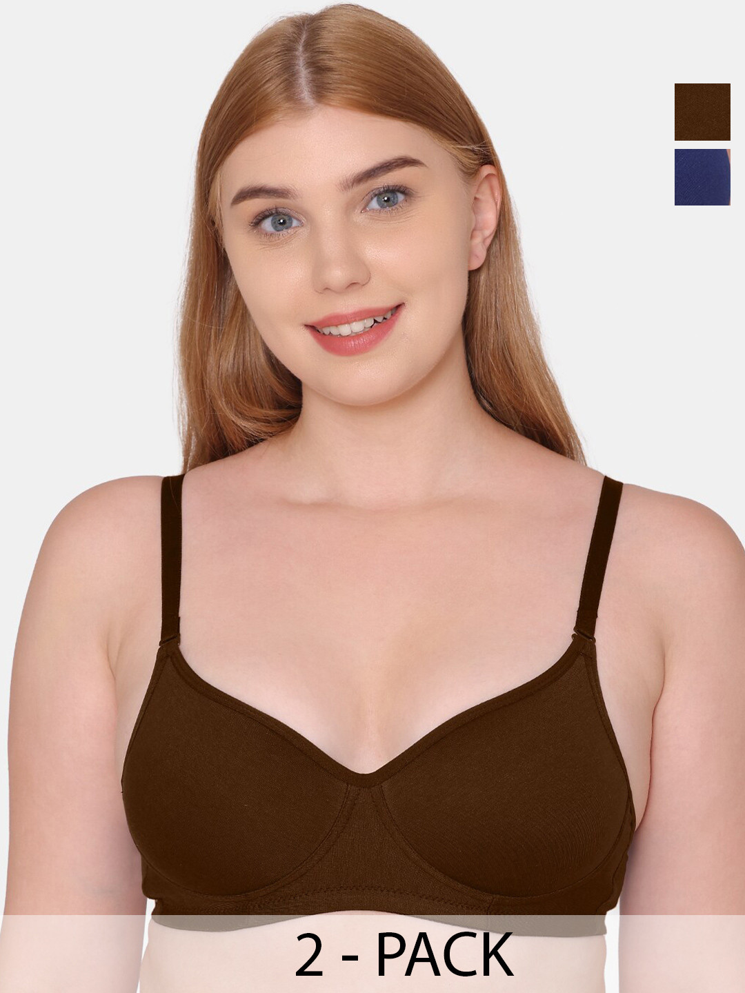 

KOMLI Pack Of 2 Full Coverage Lightly Padded Seamless Cotton T-shirt Bras- All Day Comfort, Coffee brown
