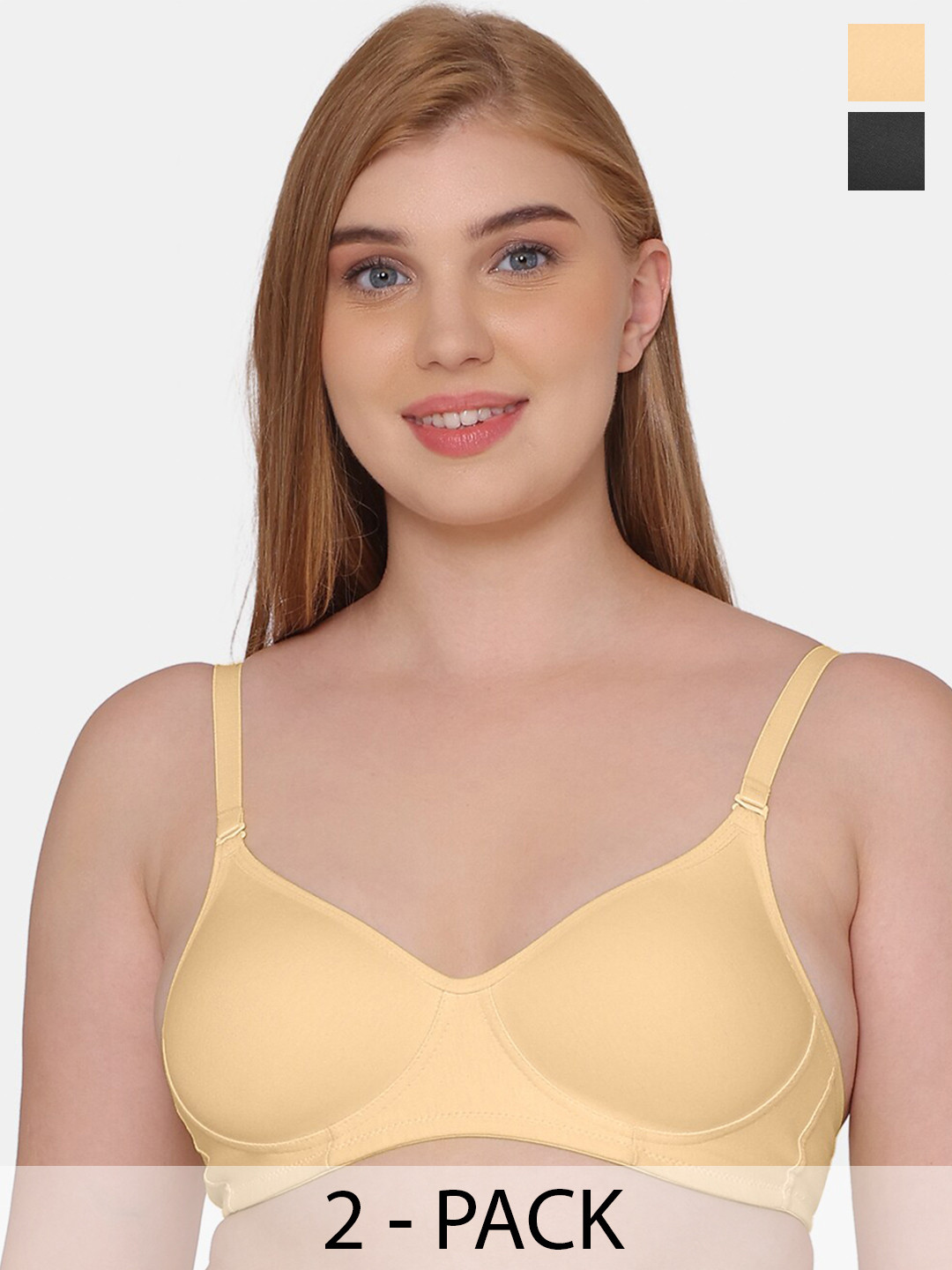 

KOMLI Pack Of 2 Full Coverage Lightly Padded Seamless Cotton T-shirt Bras- All Day Comfort, Beige