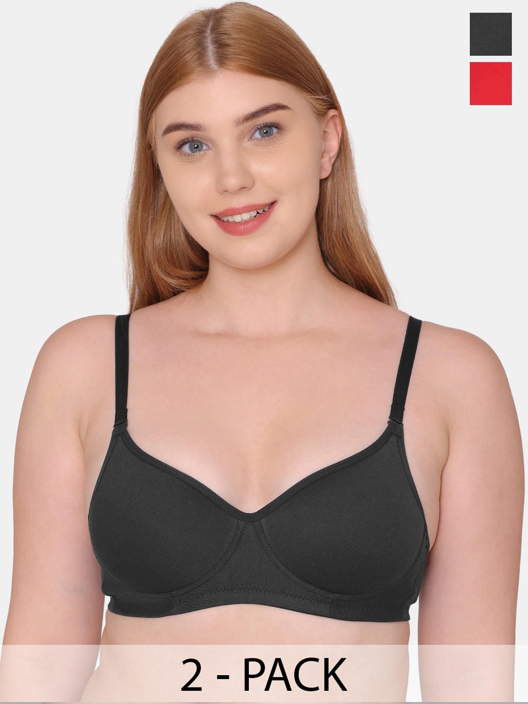 

KOMLI Pack Of 2 Full Coverage All Day Comfort Cotton T-shirt Bras, Black