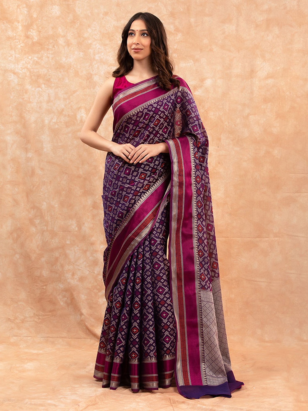 

CHINAYA BANARAS Geometrical Printed Zari Pure Cotton Banarasi Saree, Violet