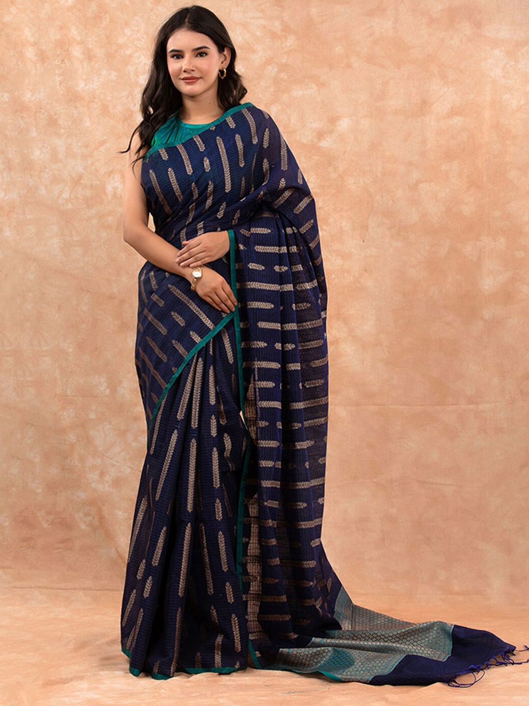 

CHINAYA BANARAS Striped Woven Design Zari Pure Cotton Banarasi Saree, Blue