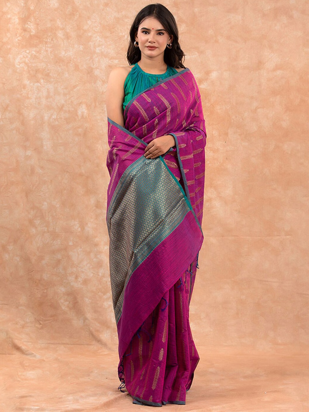 

CHINAYA BANARAS Ethnic Motifs Woven Design Zari Pure Cotton Banarasi Saree, Pink