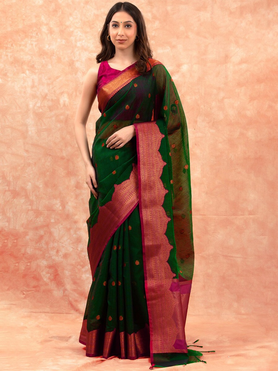 

CHINAYA BANARAS Ethnic Motifs Woven Design Zari Pure Cotton Banarasi Saree, Green