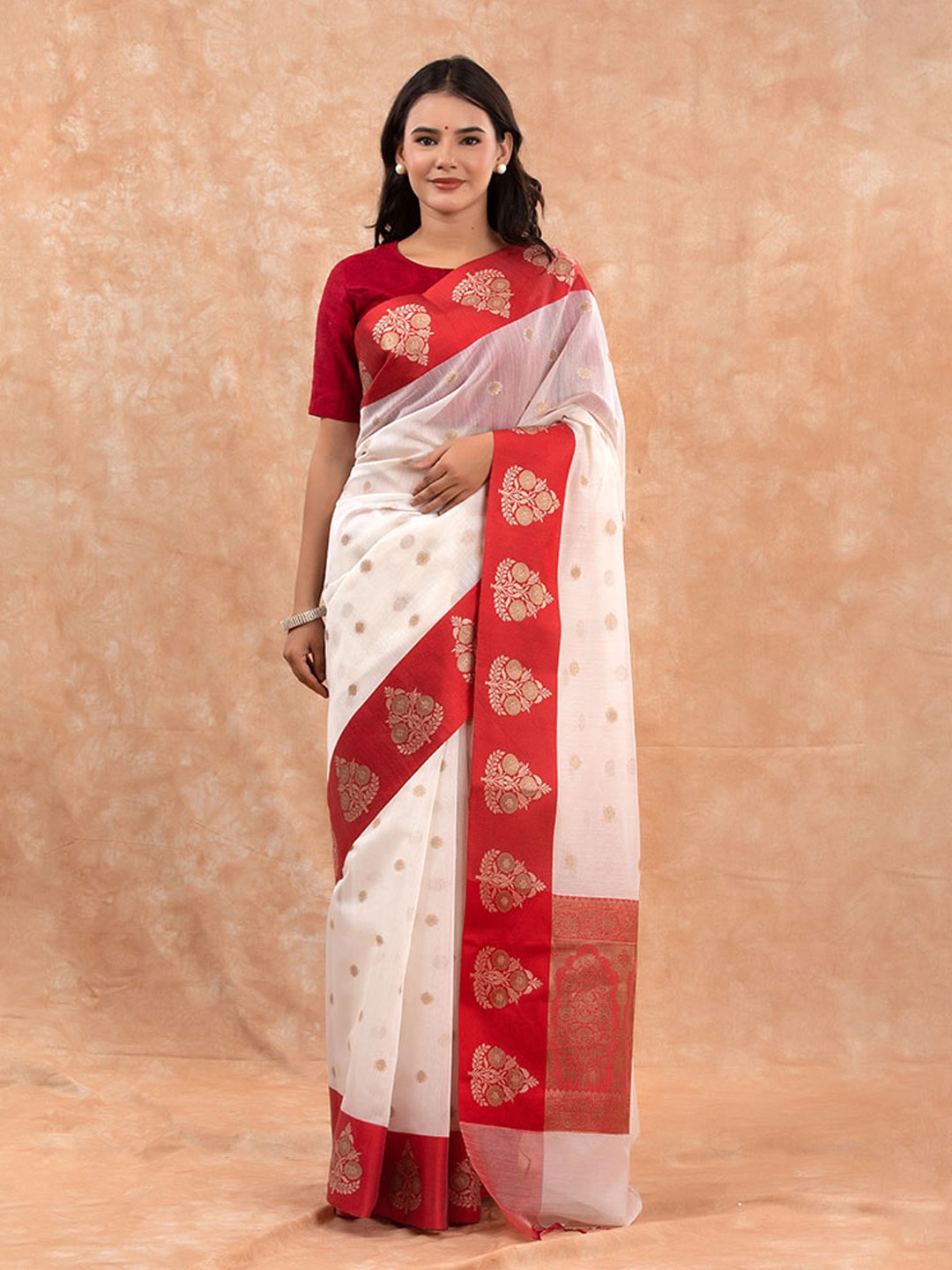 

CHINAYA BANARAS Ethnic Motifs Woven Design Zari Pure Cotton Banarasi Saree, Red
