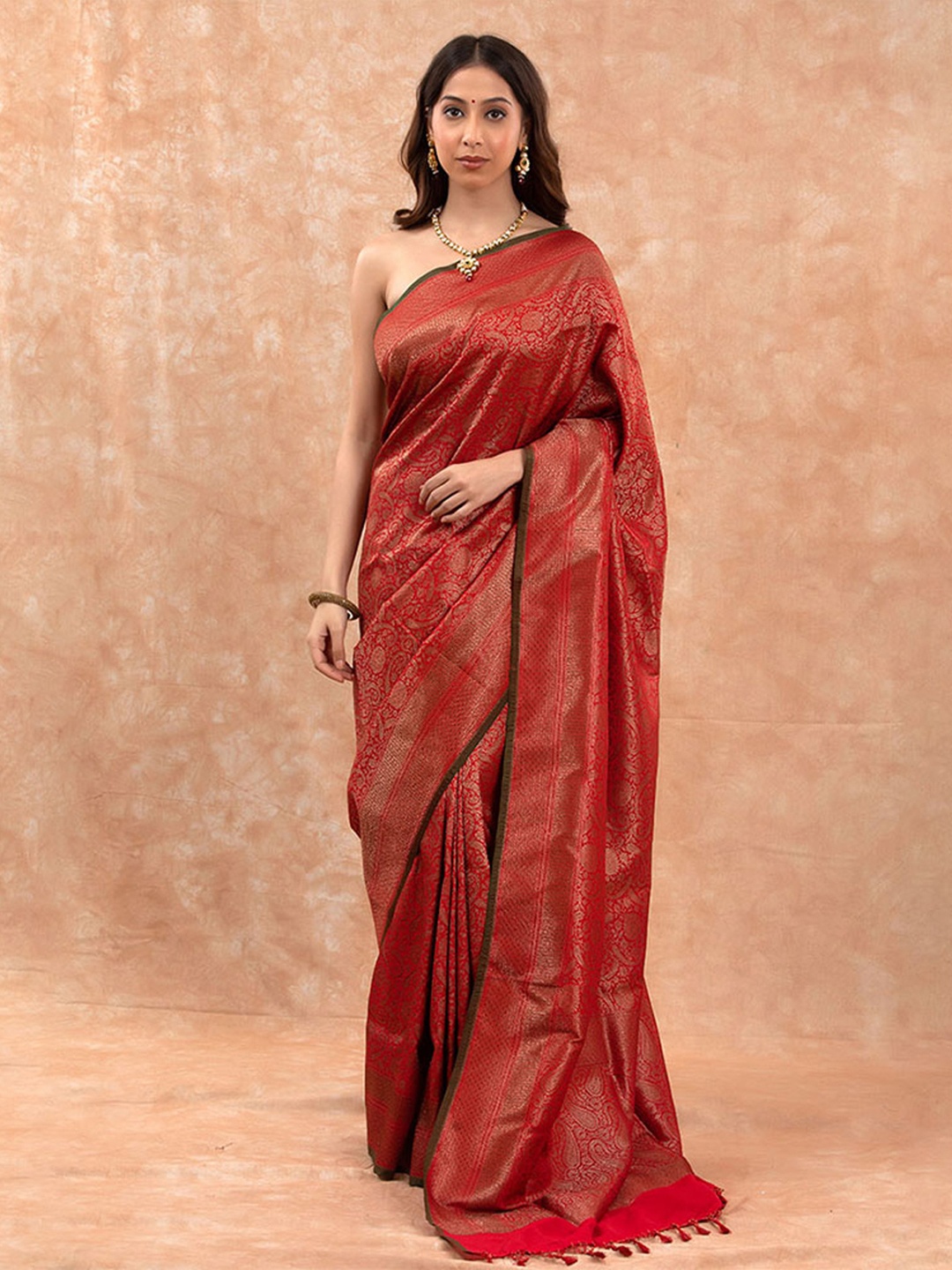 

CHINAYA BANARAS Ethnic Motifs Woven Design Zari Saree, Red