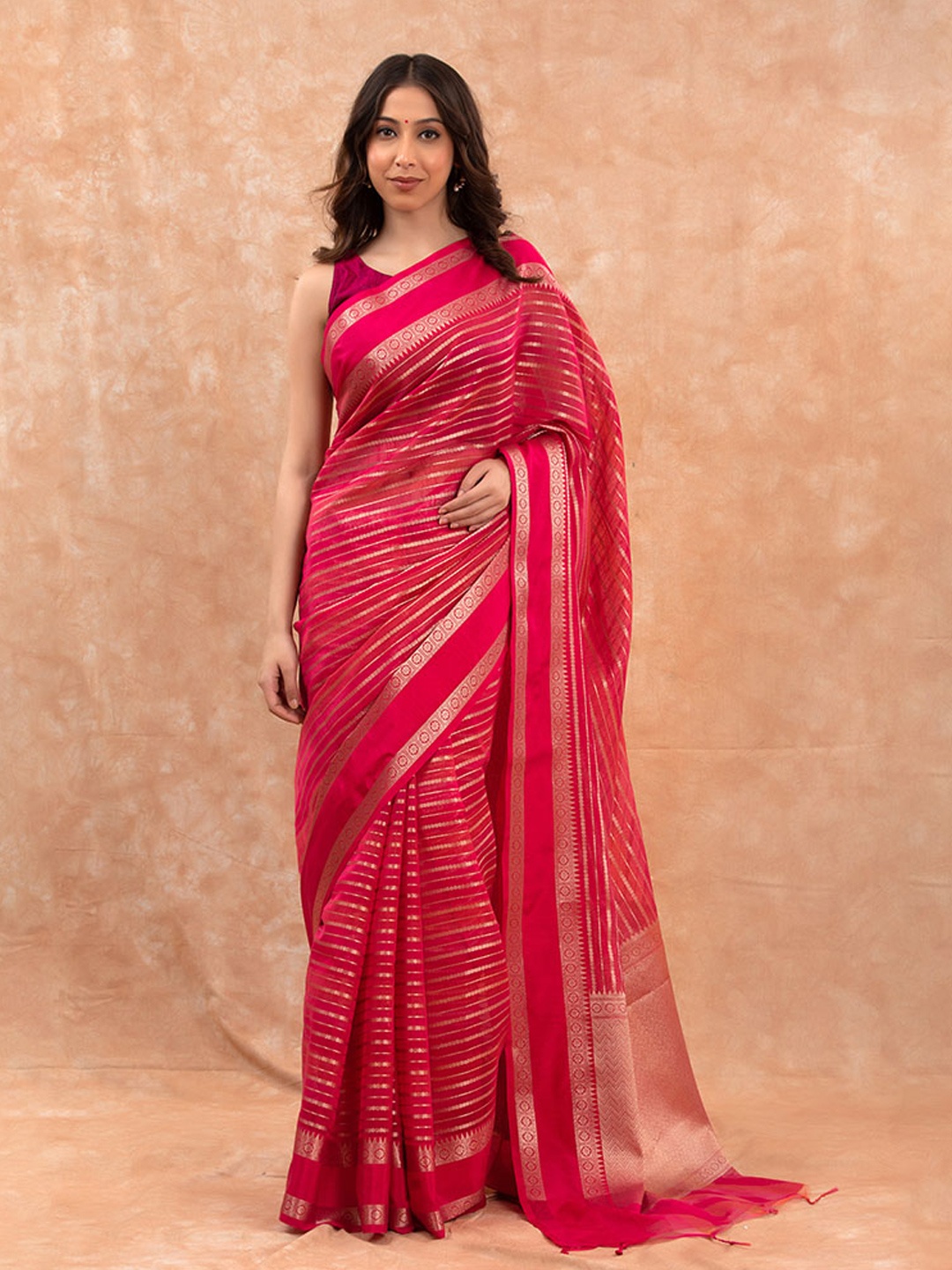 

CHINAYA BANARAS Striped Woven Design Zari Pure Cotton Saree, Pink