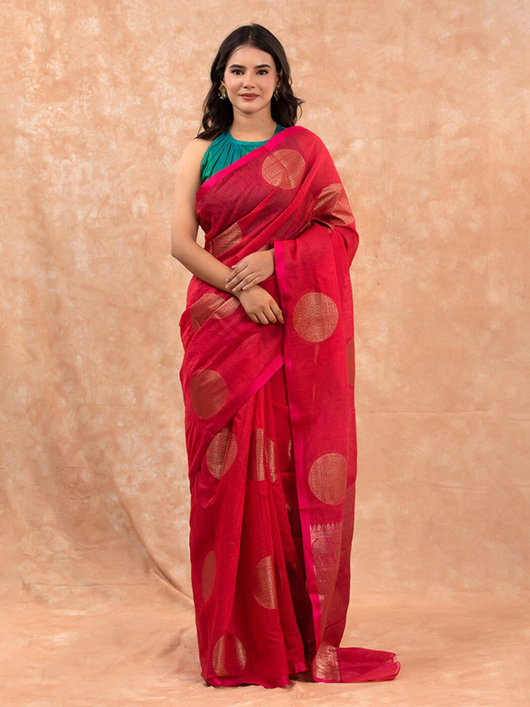 

CHINAYA BANARAS Ethnic Motifs Woven Design Zari Pure Cotton Banarasi Saree, Pink