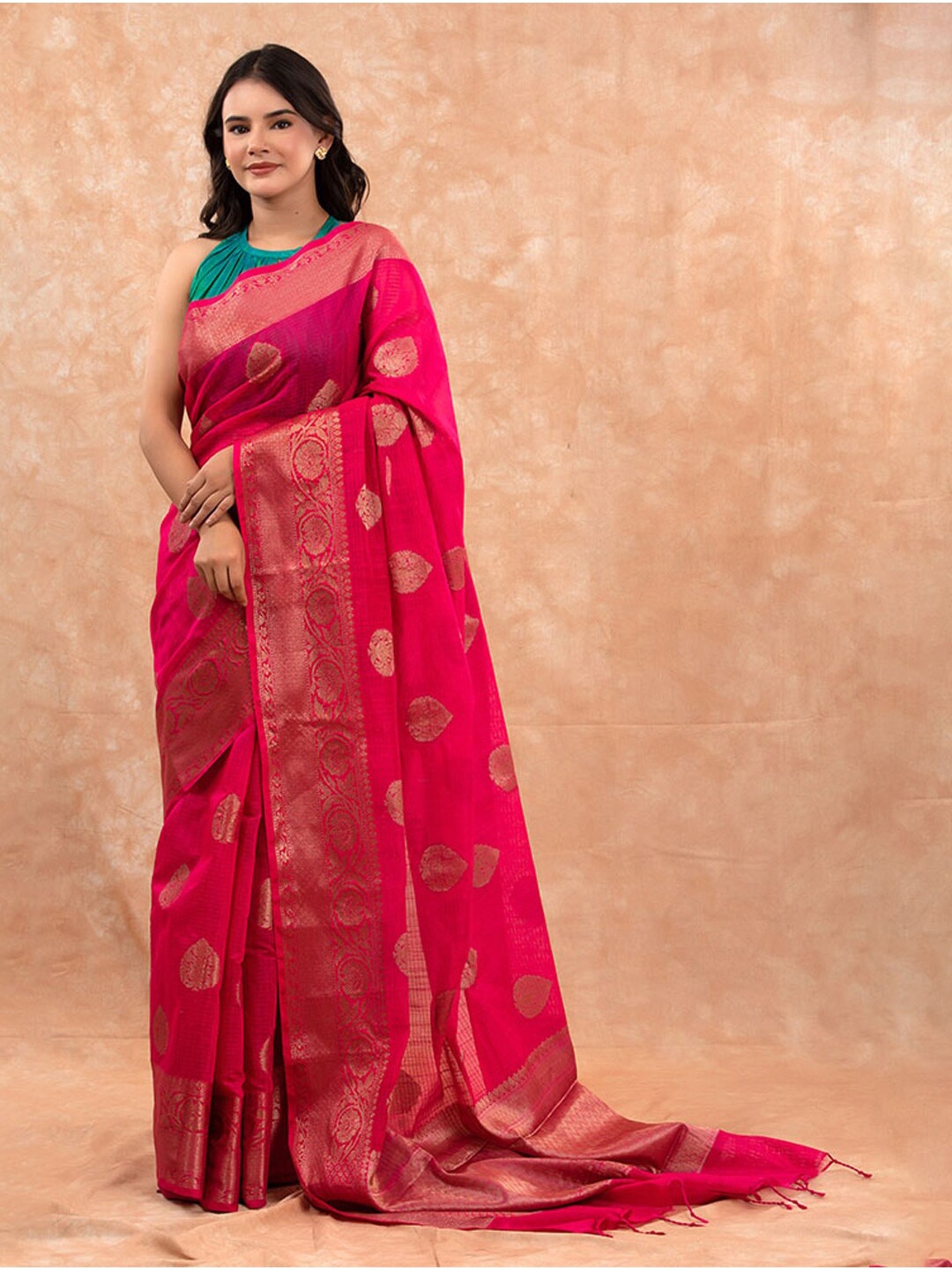 

CHINAYA BANARAS Ethnic Motifs Woven Design Zari Pure Cotton Banarasi Saree, Fuchsia