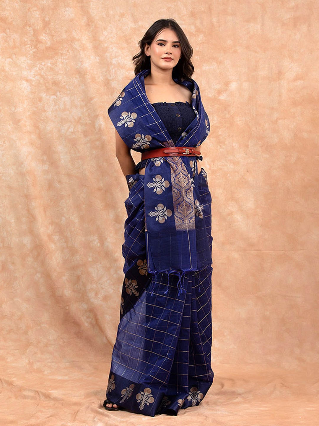 

CHINAYA BANARAS Checked Woven Design Zari Pure Cotton Banarasi Saree, Blue