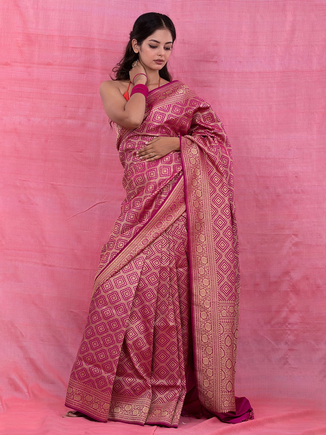

CHINAYA BANARAS Ethnic Motifs Woven Design Zari Silk Blend Saree, Pink