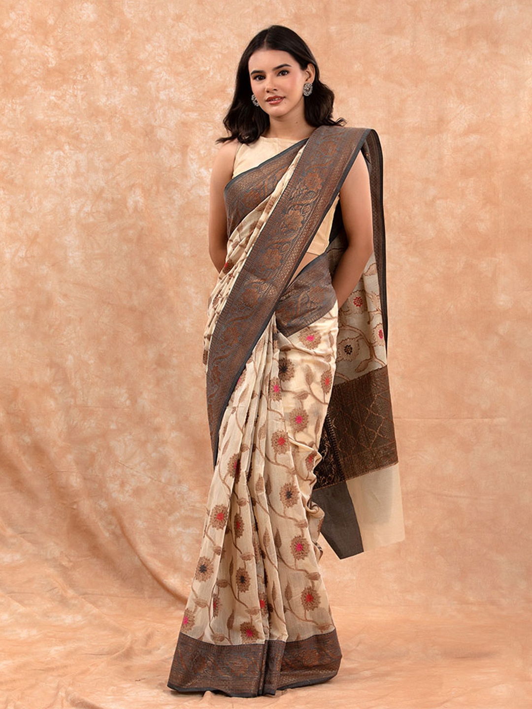 

CHINAYA BANARAS Floral Woven Design Zari Pure Cotton Saree, Cream