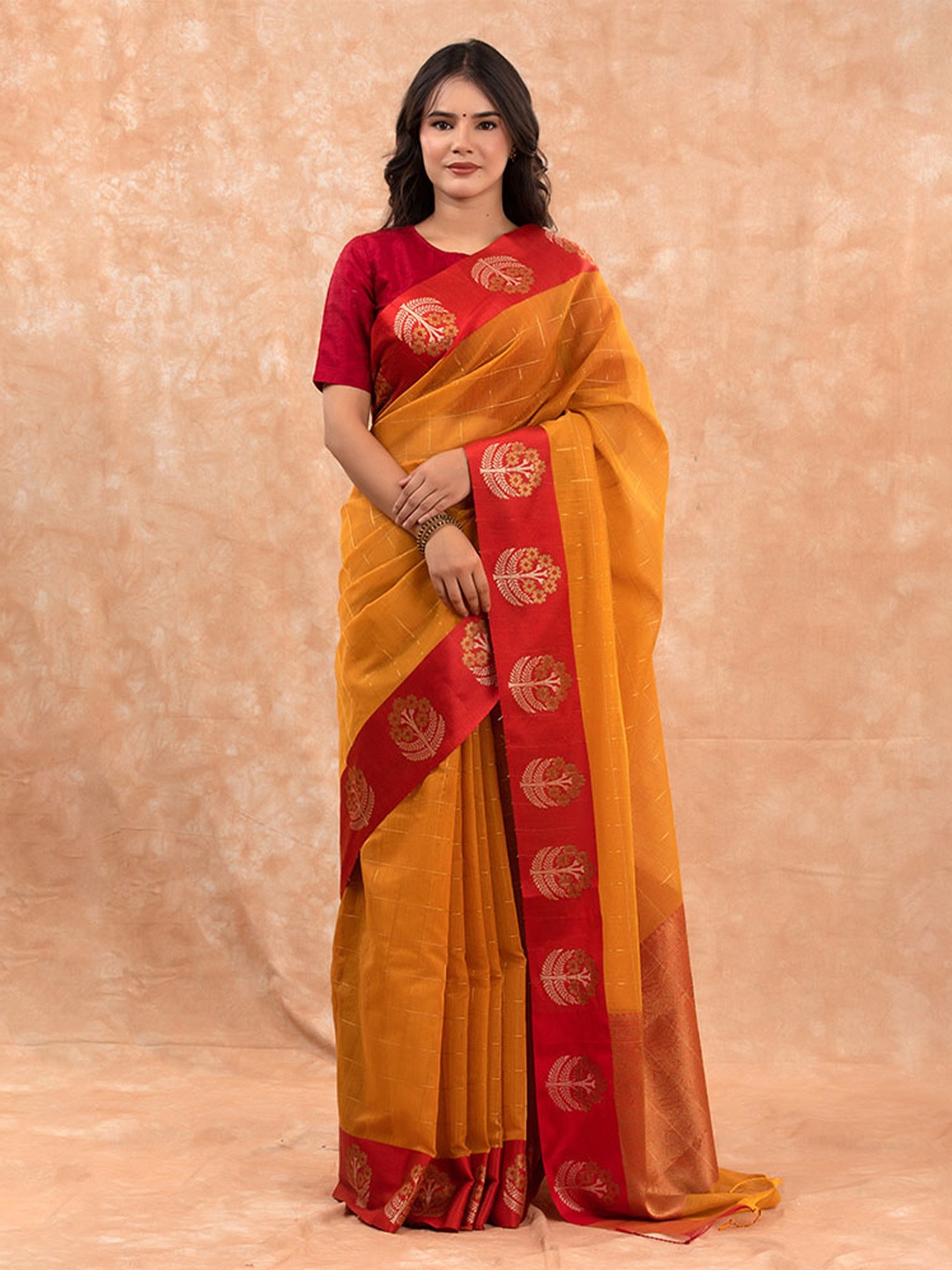 

CHINAYA BANARAS Ethnic Motifs Woven Design Zari Pure Cotton Banarasi Saree, Yellow