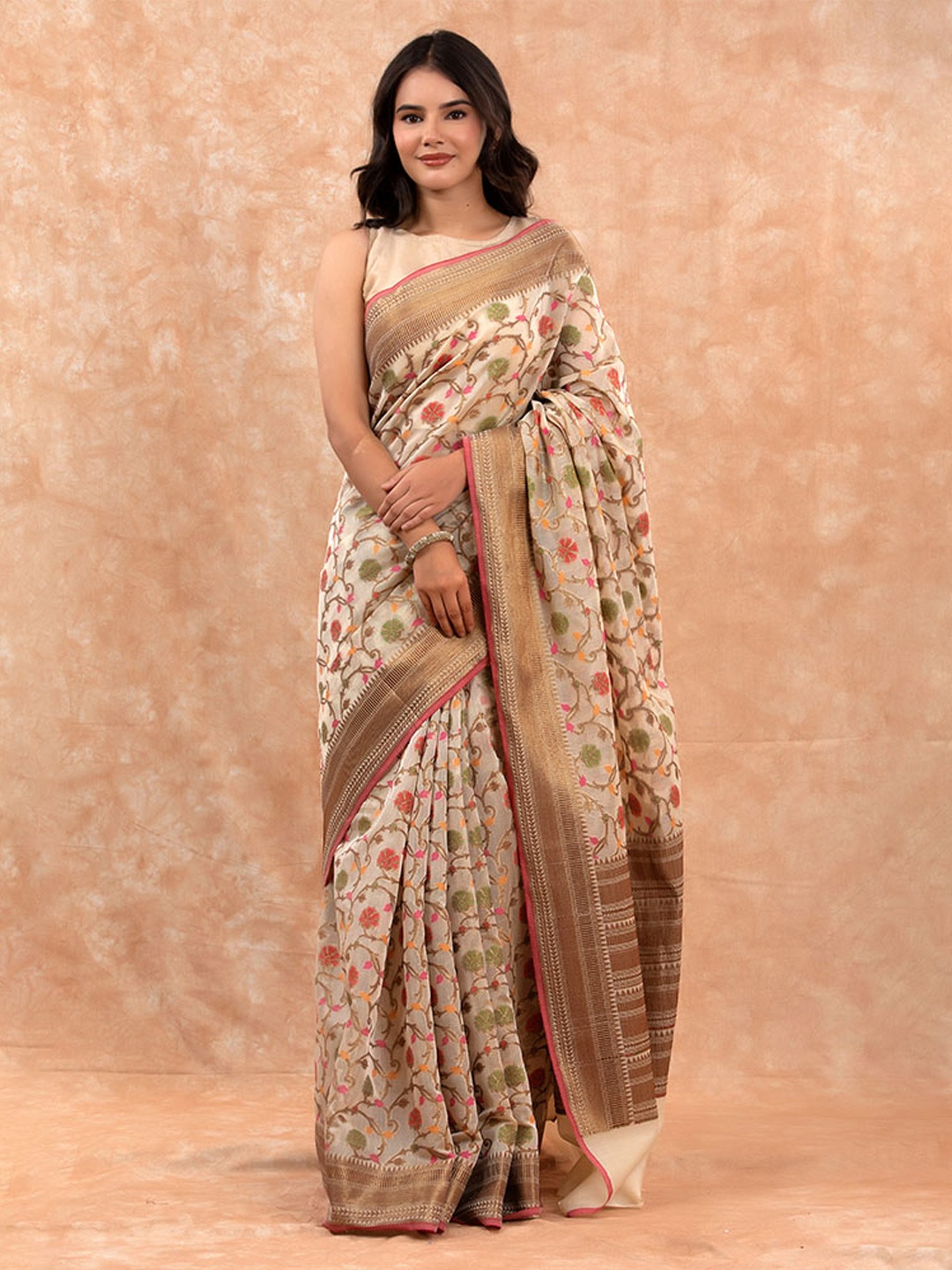 

CHINAYA BANARAS Ethnic Motifs Woven Design Zari Pure Cotton Banarasi Saree, Beige