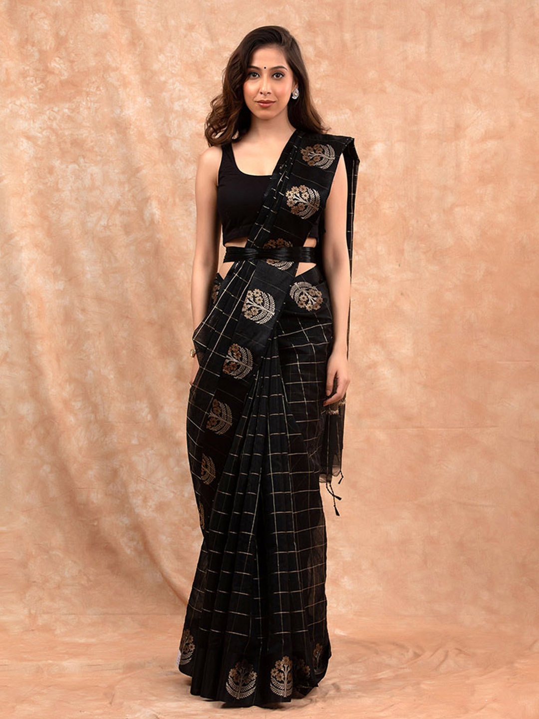 

CHINAYA BANARAS Checked Woven Design Zari Pure Cotton Banarasi Saree, Black