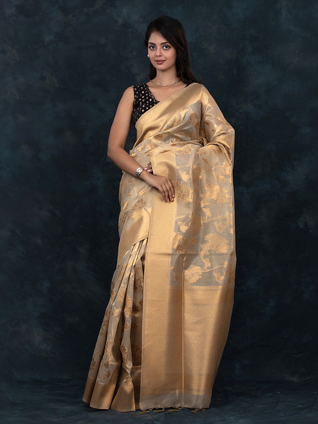 

CHINAYA BANARAS Ethnic Motifs Woven Design Zari Pure Cotton Banarasi Saree, Gold