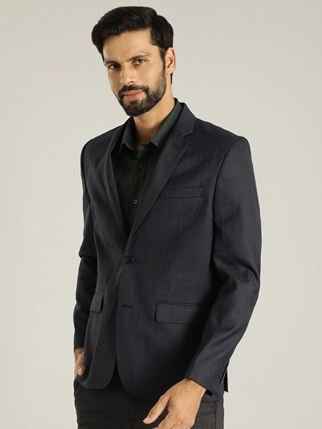 

Indian Terrain Checked Single-Breasted Blazer, Navy blue