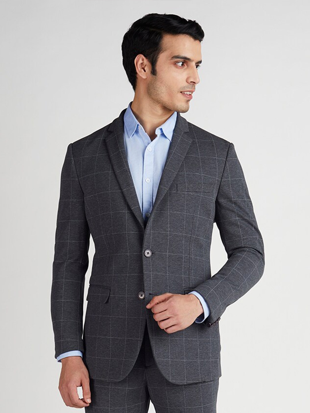 

Indian Terrain Checked Single Breasted Formal Blazer, Grey