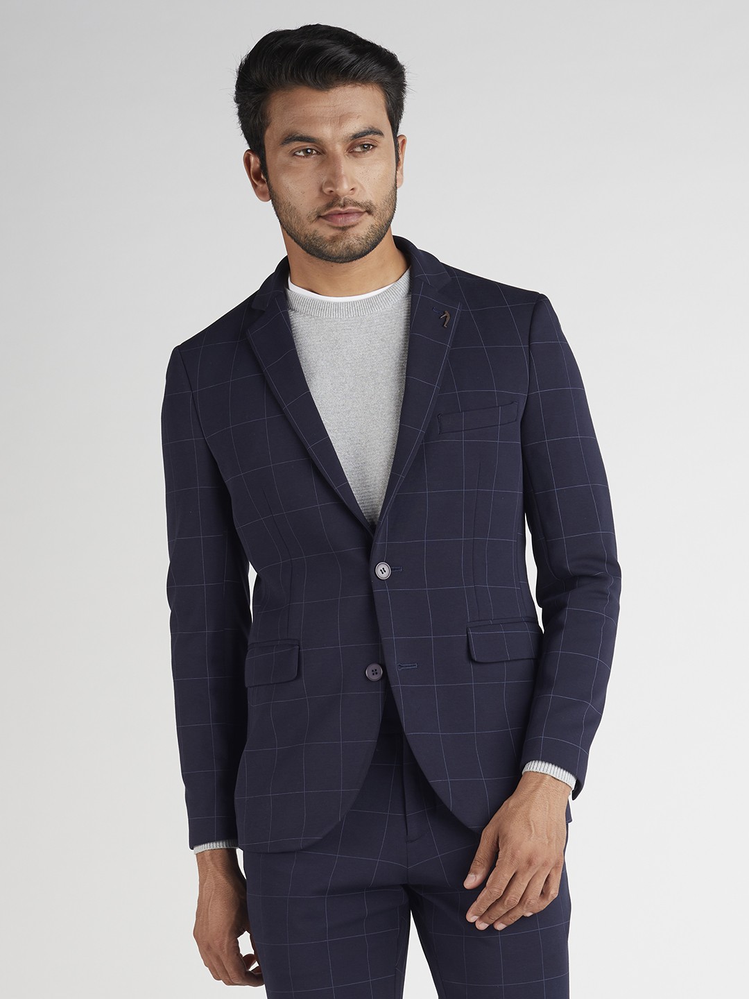 

Indian Terrain Checked Single-Breasted Blazer, Navy blue