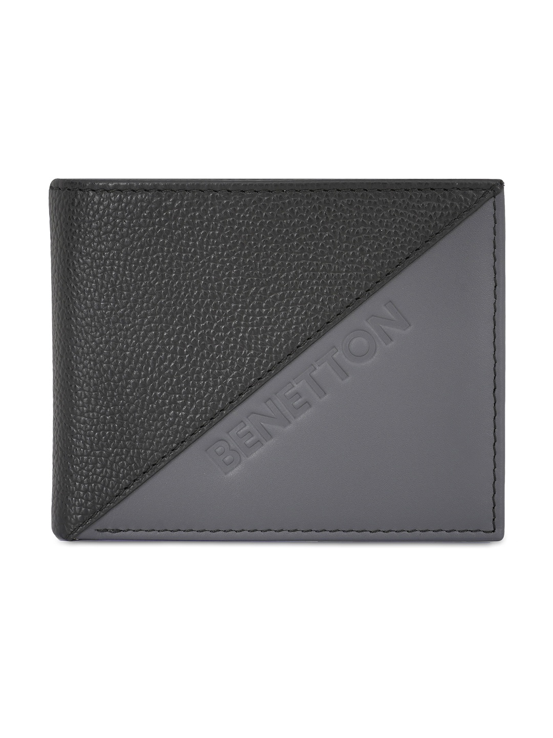 United Colors of Benetton Men Colourblocked Leather Two Fold Wallet, Black