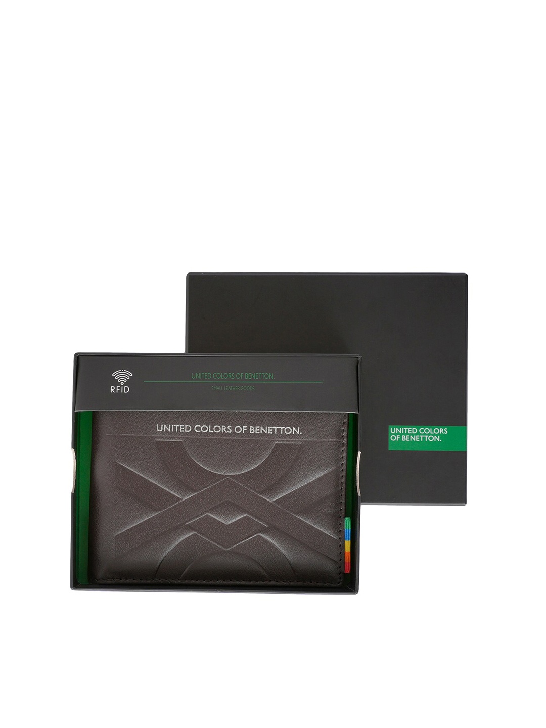 

United Colors of Benetton Men Geometric Textured Leather Two Fold Wallet, Brown