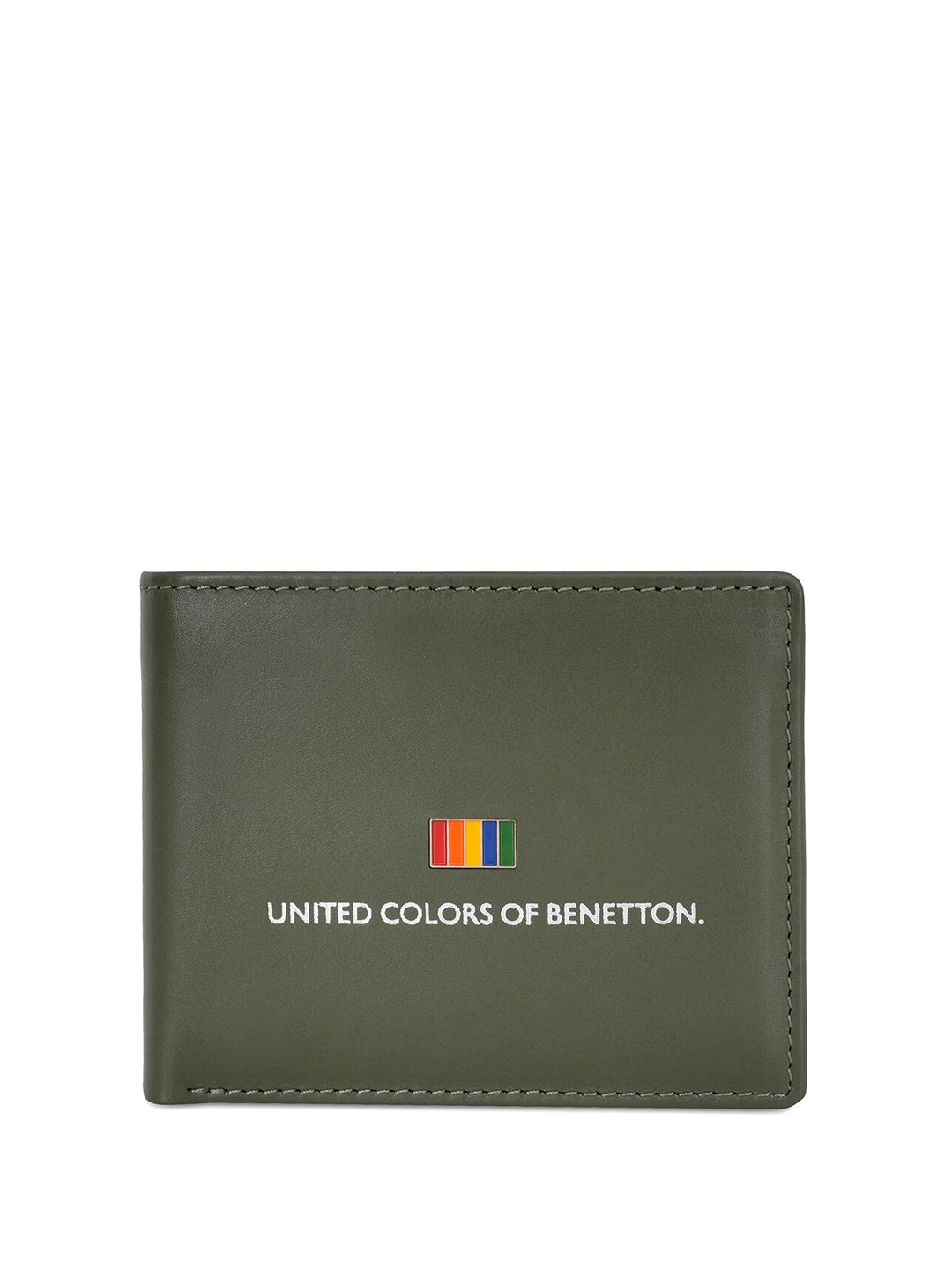 

United Colors of Benetton Typography Printed Leather Two Fold Wallet, Olive