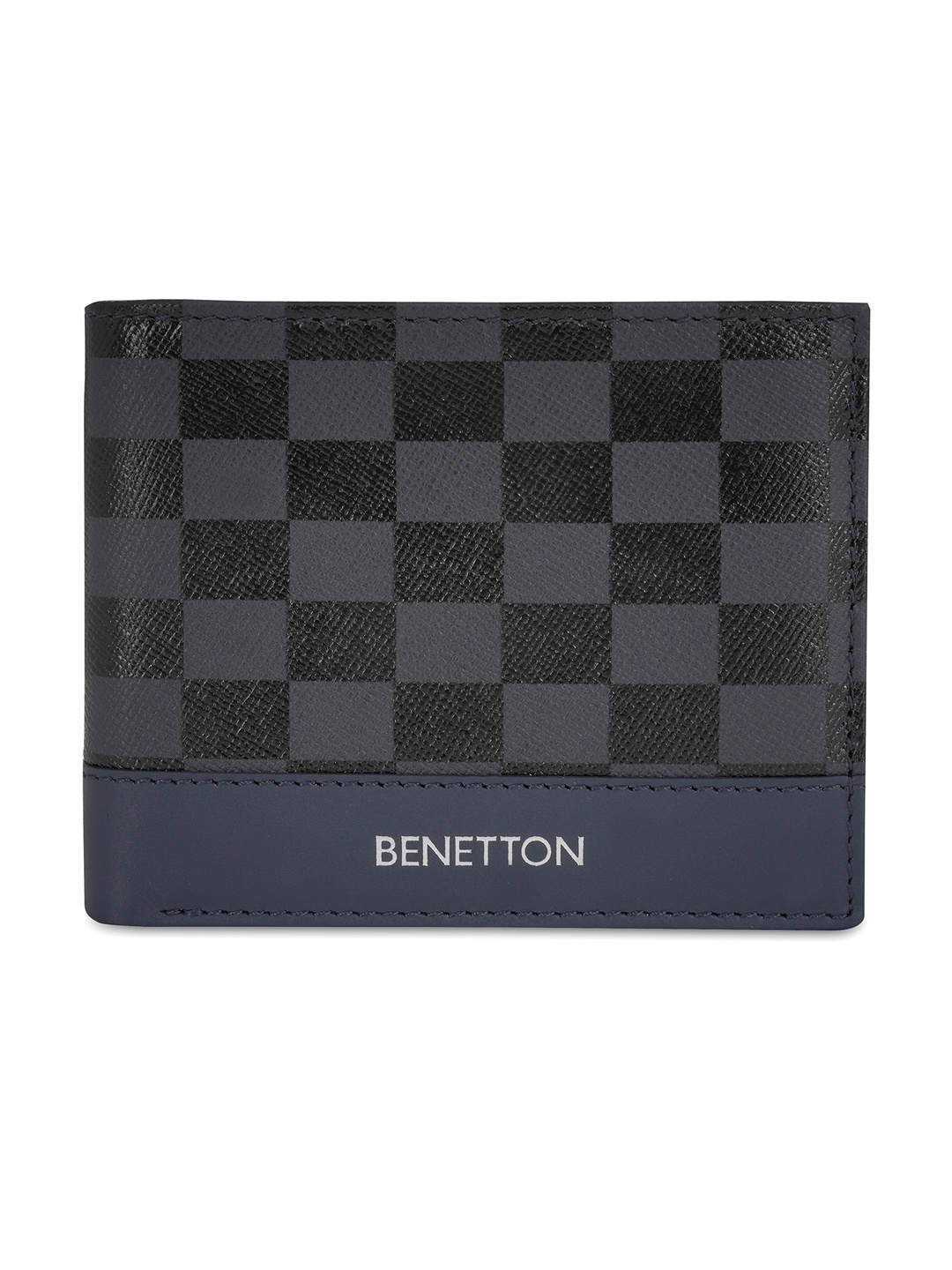 United Colors of Benetton Checked Leather Two Fold Wallet, Black