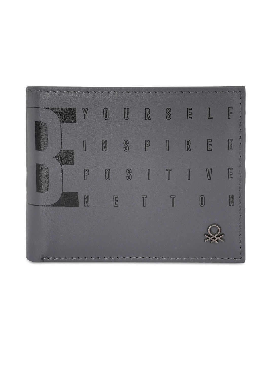 

United Colors of Benetton Men Typography Printed Leather Two Fold Wallet, Grey