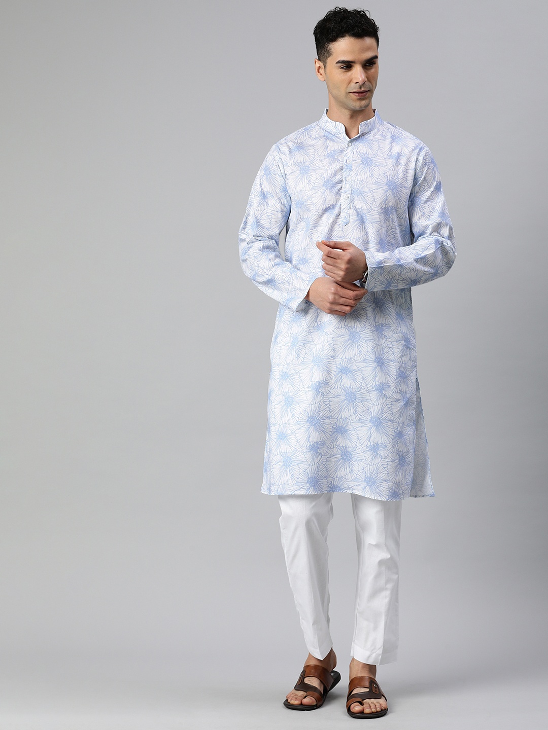 

Majestic Man Men Ethnic Motifs Printed Mandarin Collar Pure Cotton Kurta, White