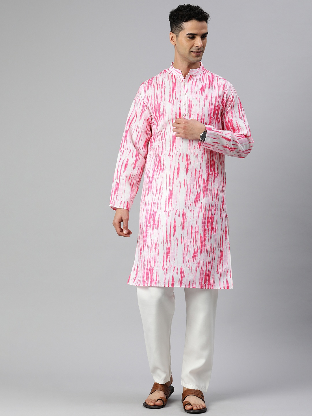 

Majestic Man Men Printed Mandarin Collar Kurta, Pink