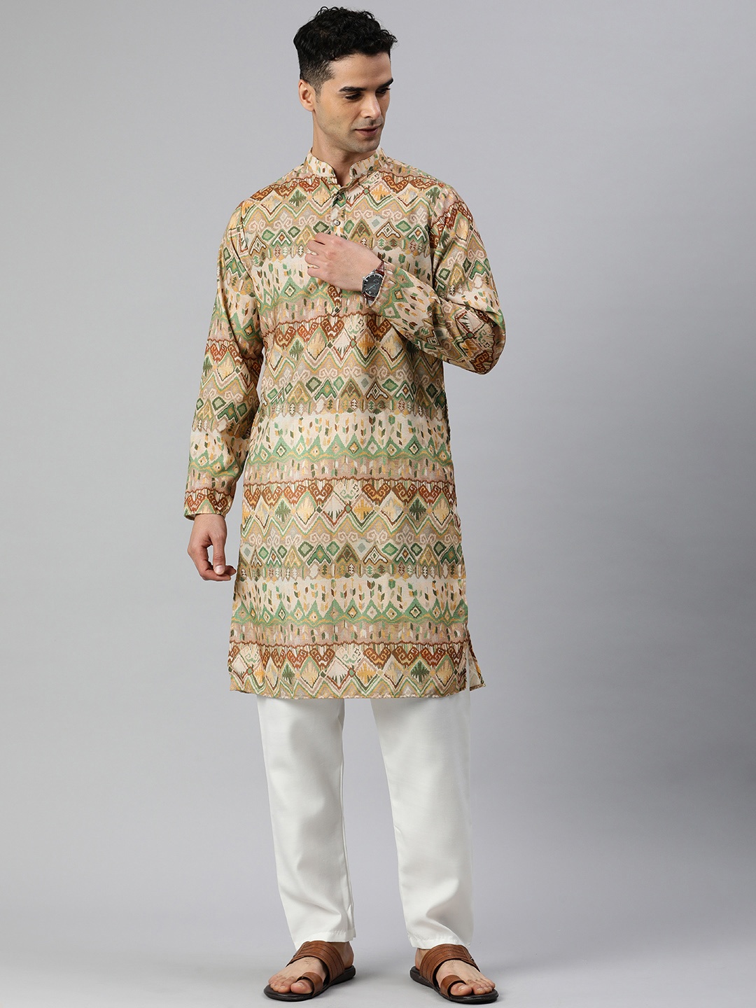 

Majestic Man Men Printed Mandarin Collar Kurta, Yellow