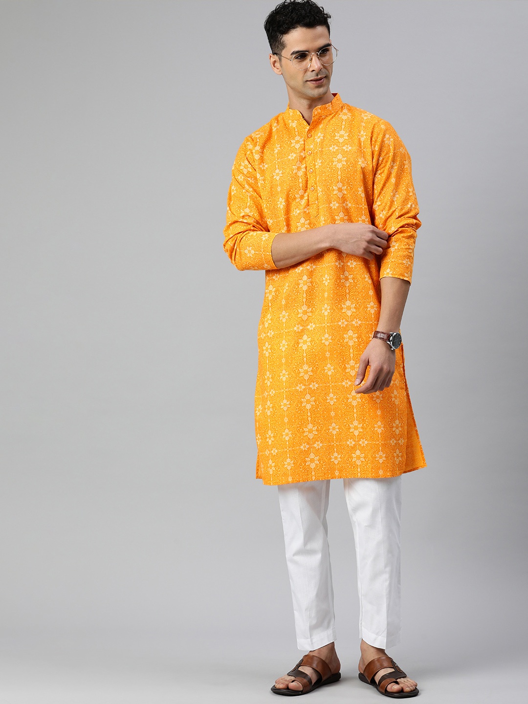 

Majestic Man Men Ethnic Motifs Printed Mandarin Collar Pure Cotton Kurta, Yellow