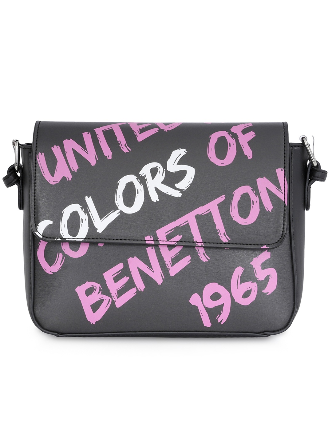 

United Colors of Benetton Typography Printed PU Sling Bag, Black