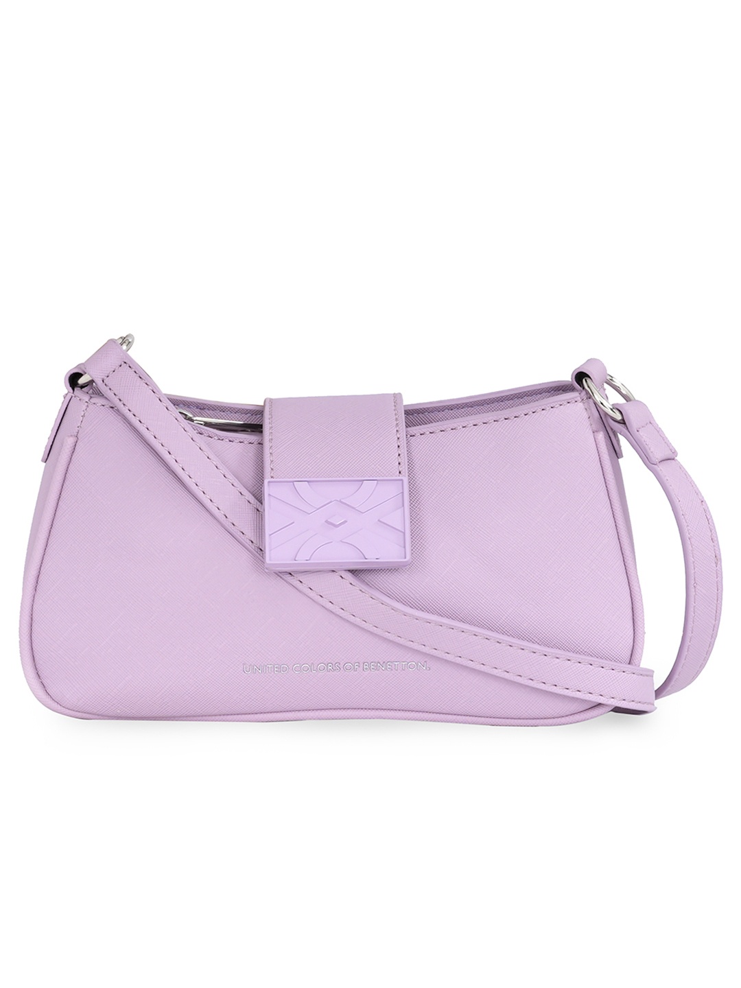 

United Colors of Benetton Baguette Textured Structured Shoulder Bag With Flap Closure, Lavender