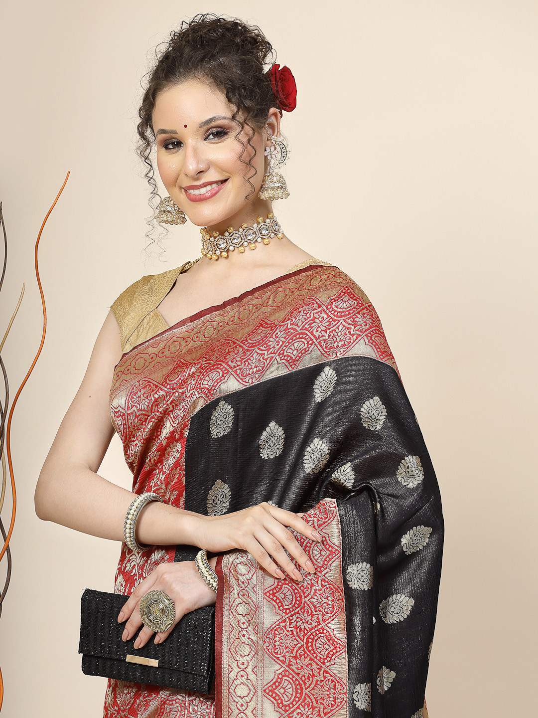 

KALINI Ethnic Motifs Woven Design Zari Jacquard Banarasi Saree, Black