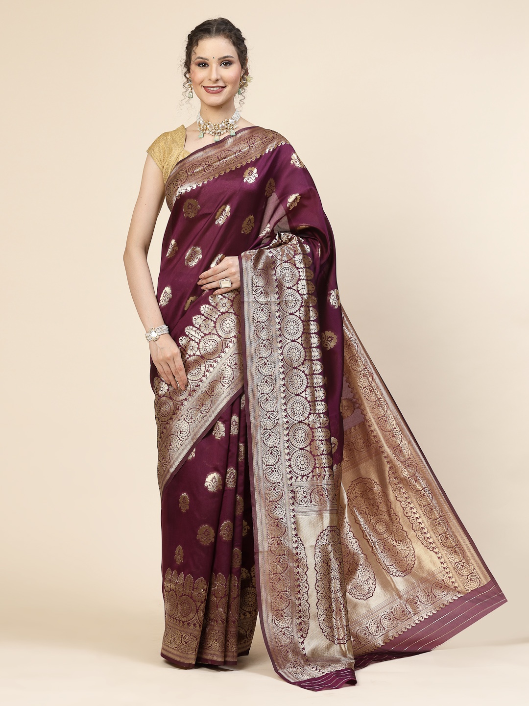 

KALINI Ethnic Motifs Woven Design Jacquard Zari Banarasi Saree, Purple