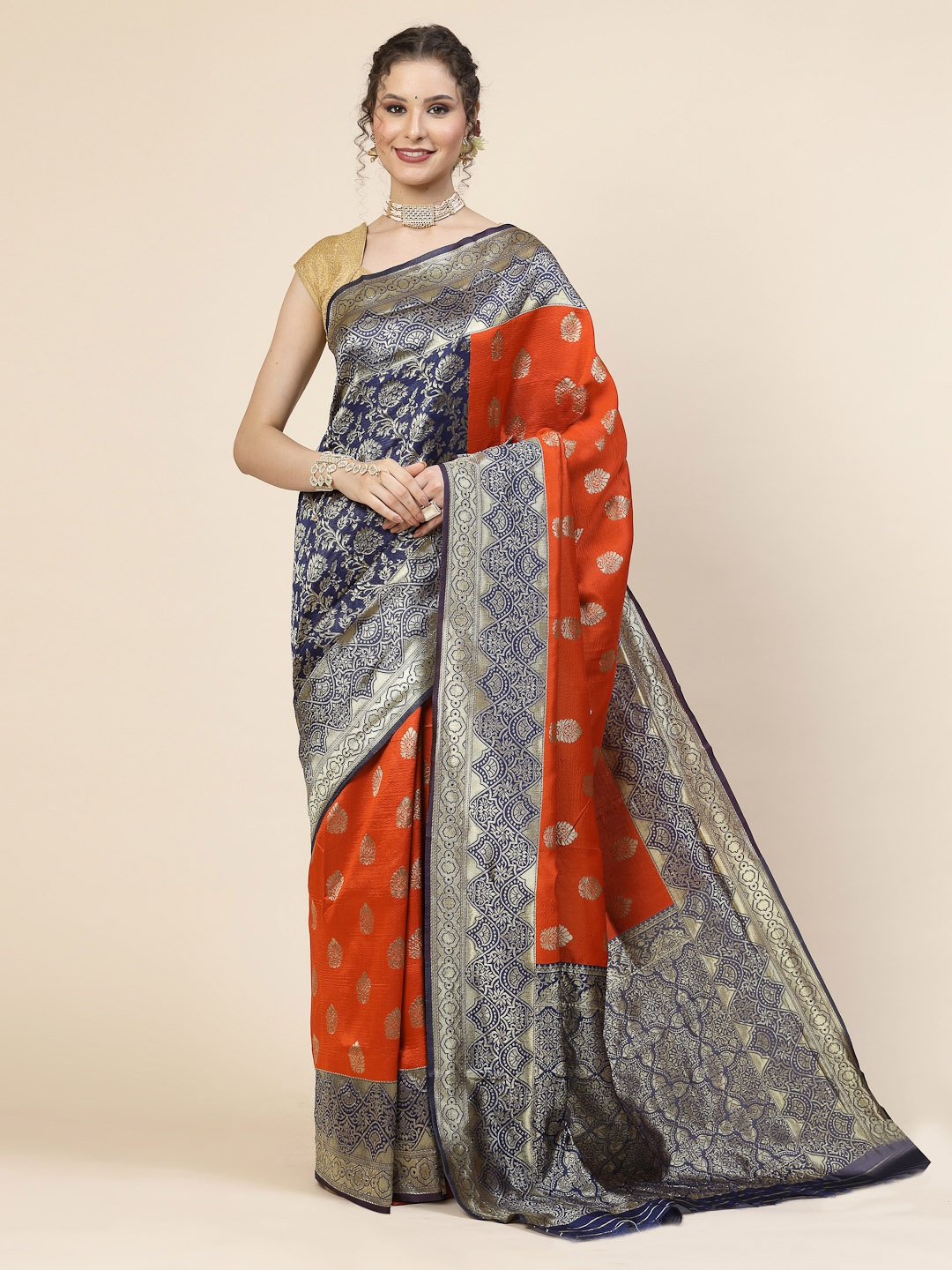

KALINI Ethnic Motifs Woven Design Jacquard Zari Banarasi Saree, Orange
