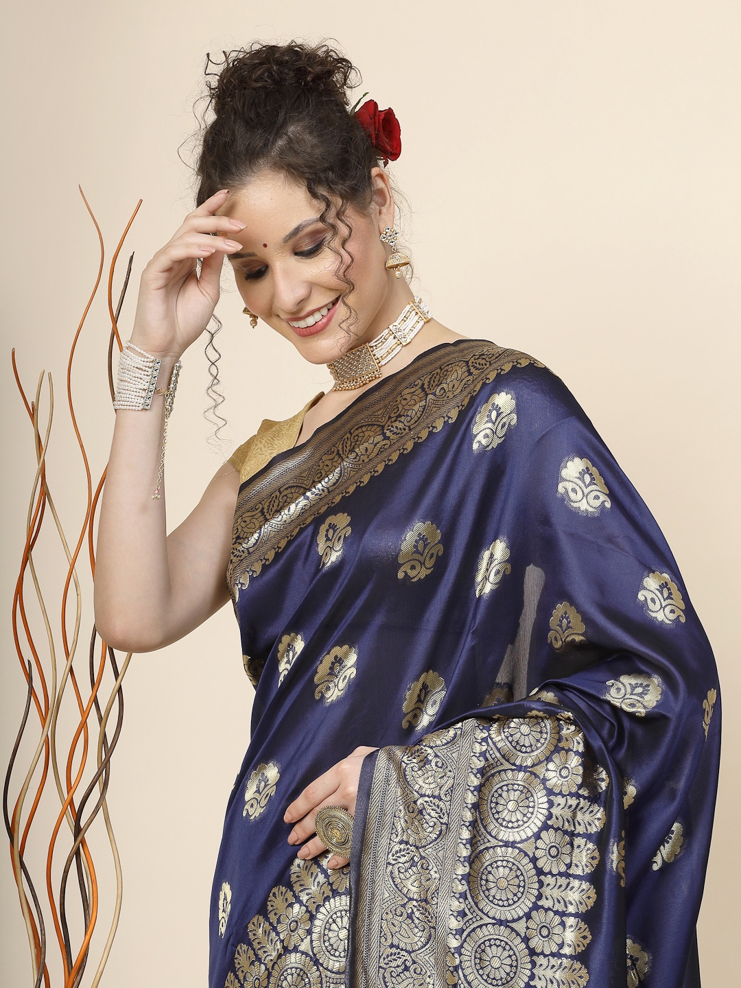 

KALINI Ethnic Motifs Woven Design Jacquard Zari Banarasi Saree, Blue