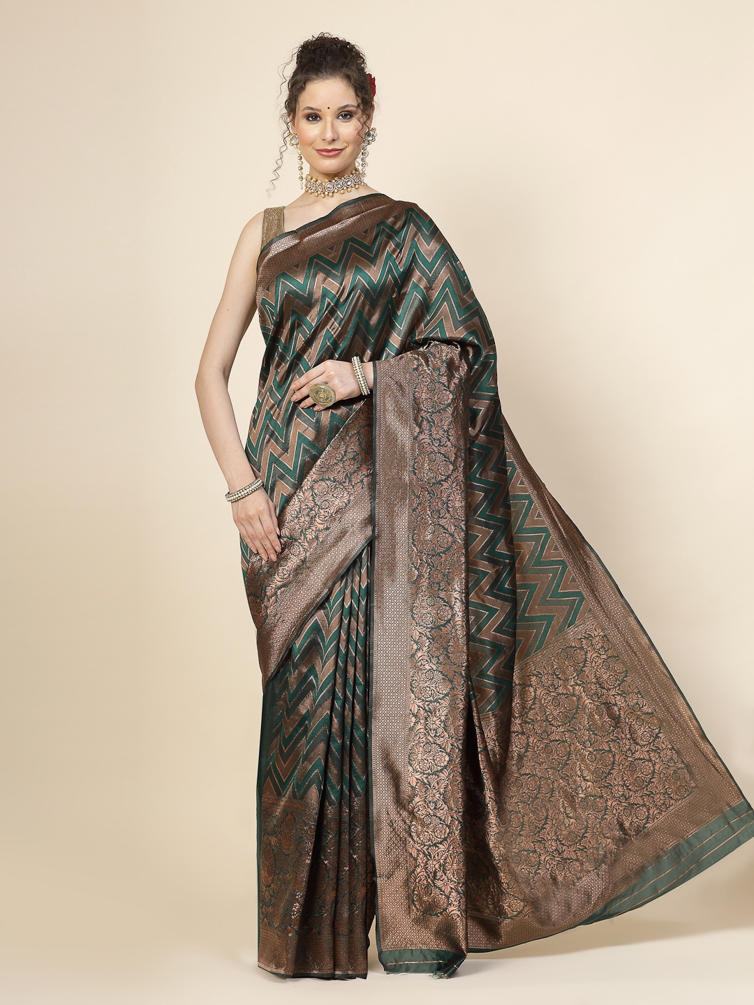 

KALINI Ethnic Motifs Woven Design Jacquard Zari Banarasi Saree, Green