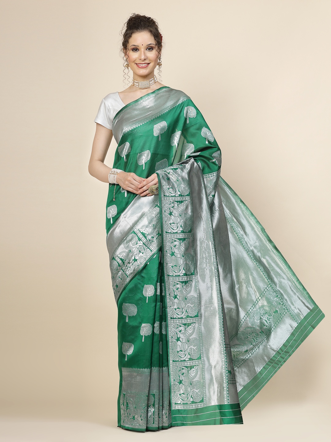 

KALINI Ethnic Motifs Woven Design Jacquard Zari Banarasi Saree, Green