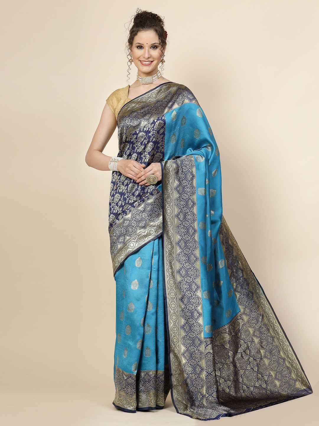 

KALINI Ethnic Motifs Woven Design Jacquard Zari Banarasi Saree, Blue